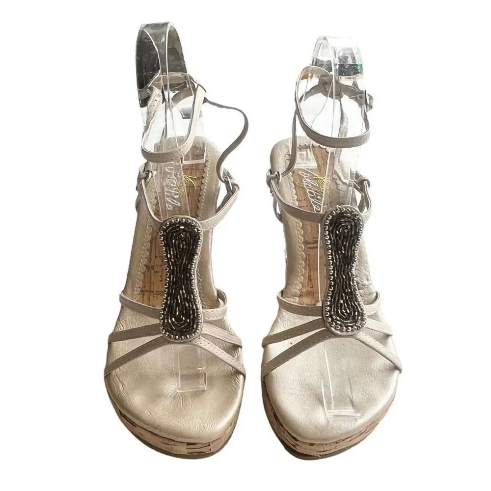 Very Volatile Women’s Beaded Ankle Strap Wedge Heels Cream Tan Size 6